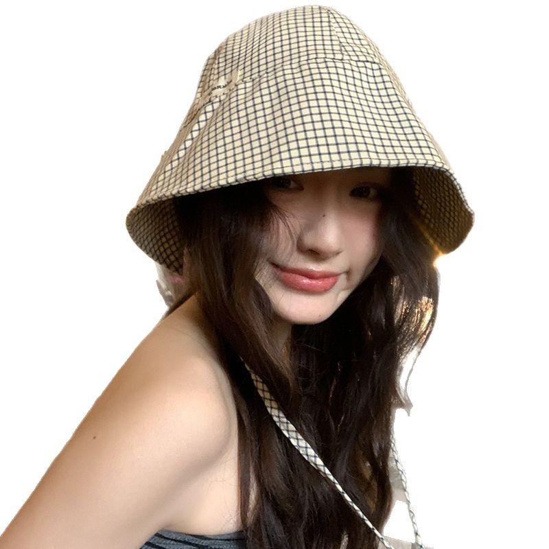 Plaid bucket hat women's summer sunshade sunscreen basin hat big head circumference showing small face versatile casual sun hat