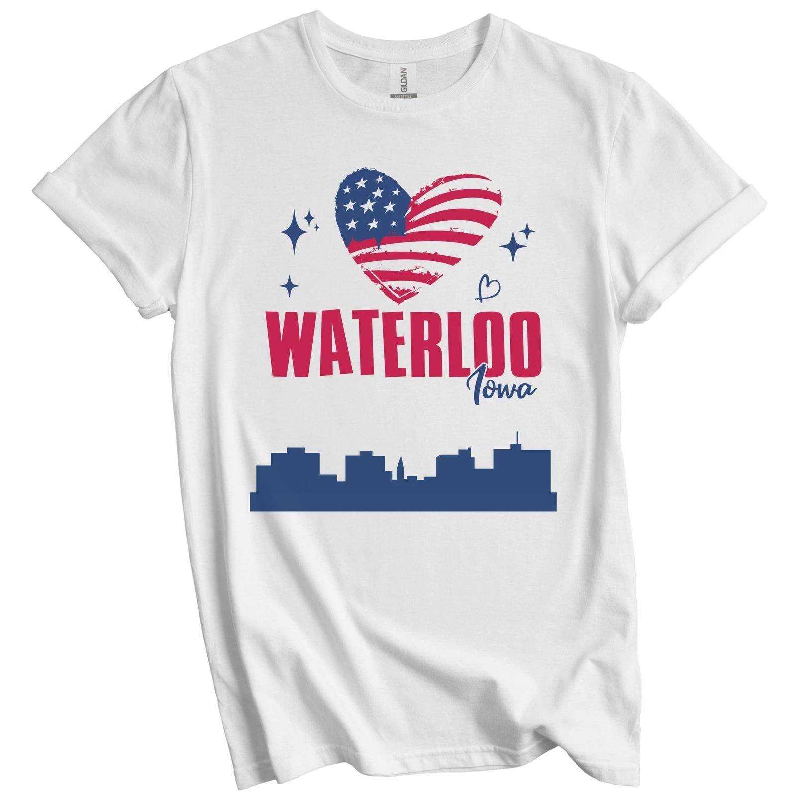 Waterloo Iowa Skyline American Flag Heart 4th of July T-Shirt L