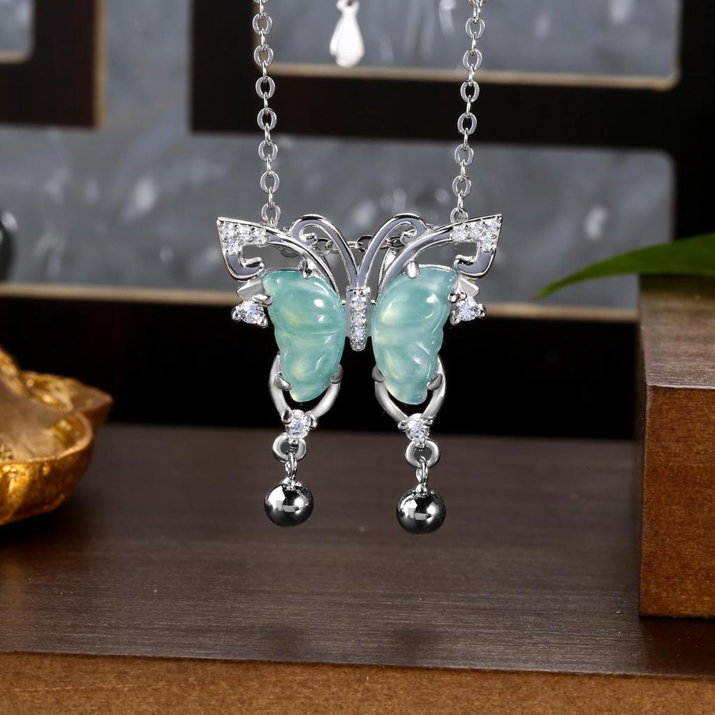 Burmese Blue Water Jade Gourd Pendant Necklace with S925 Silver - Chinese Style for Women