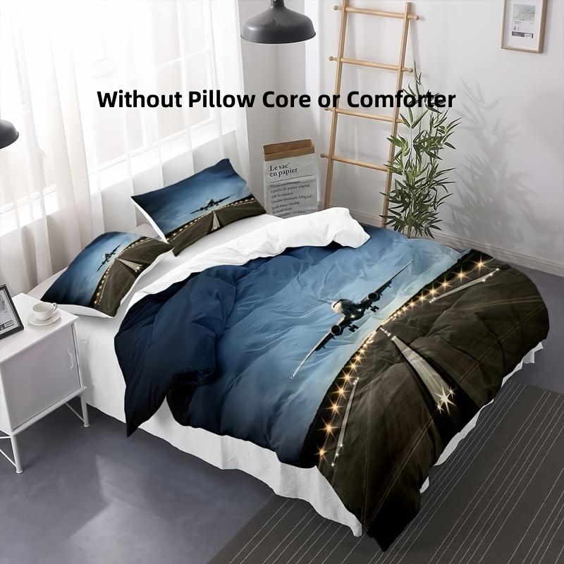 Airplane Runway Digital Print Duvet Cover Set with Pillowcases-Breathable Polyester Fabric All-Season Zipper Closure Bedding Set