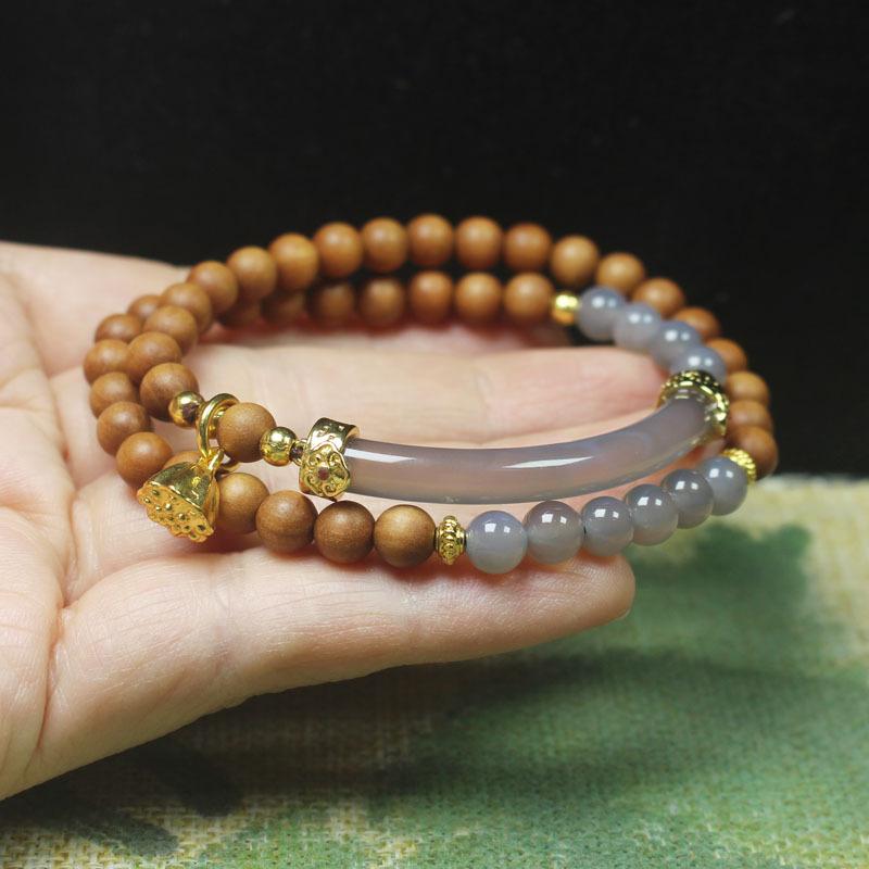 6mm Barbie Sandalwood Double Loop Bracelet, Gray Agate Half Bangle Bracelet, Lotus Pendant Wooden Jewelry