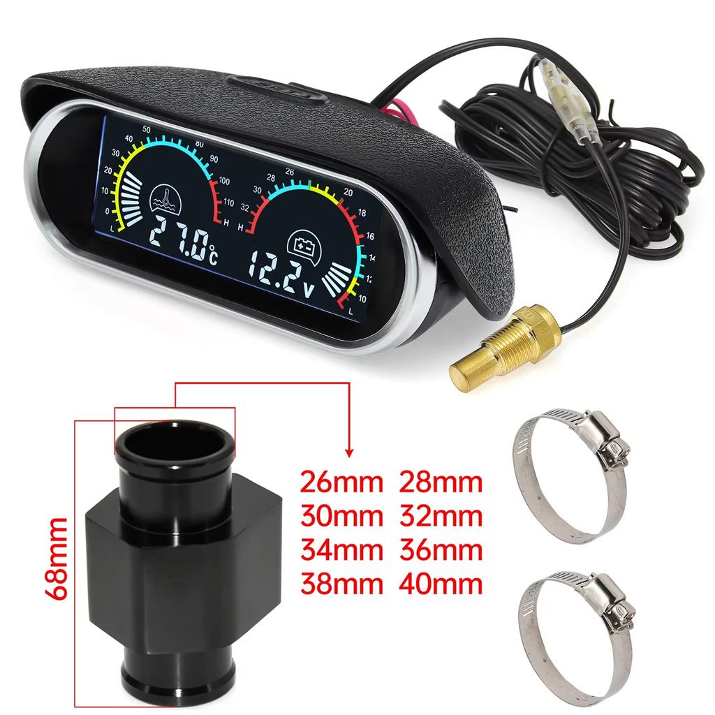 2-in-1 12V/24V Car Truck LCD Digital Gauge Kit Water Temperature Meter + Voltmeter with 1/8 NPT Temp Sensor for Auto Vehicles