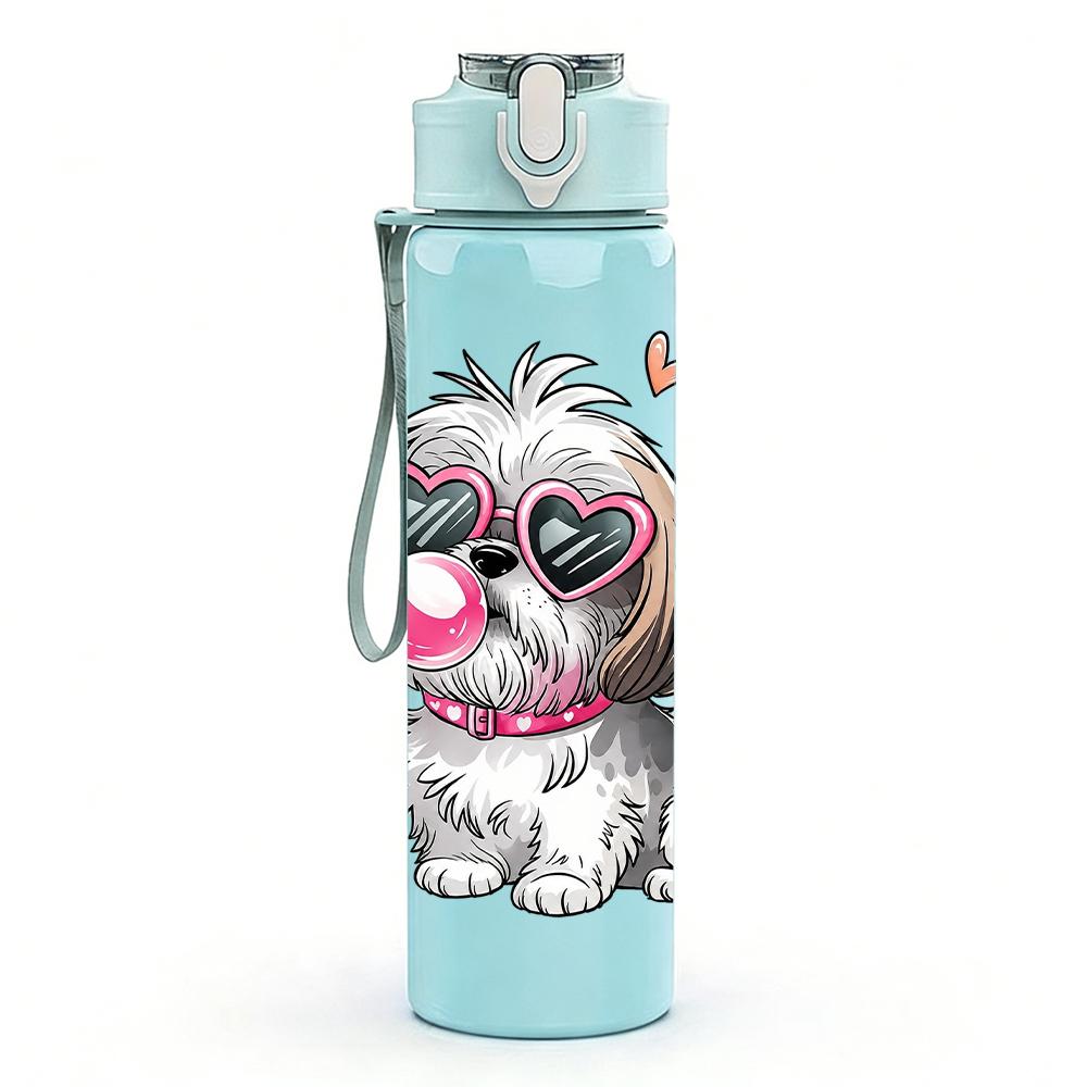 1PC Pink Heart Poodle Dog Graphic,750ml Color Plastic Sports Water Bottle,Leakproof Flip Straw Lid,Suitable for Sports Office Home Use