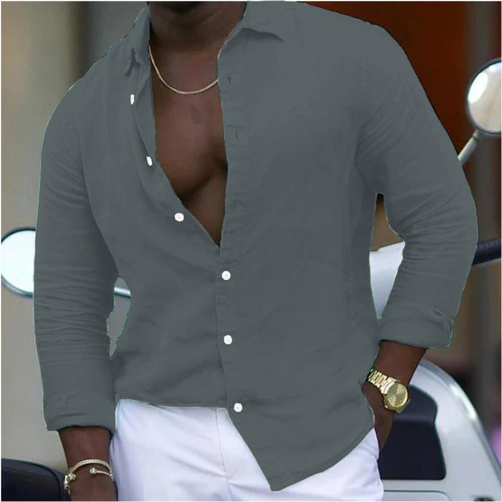 New Cotton-linen Blend Men's Long-sleeved Shirt Solid-colour Casual Collared Shirt