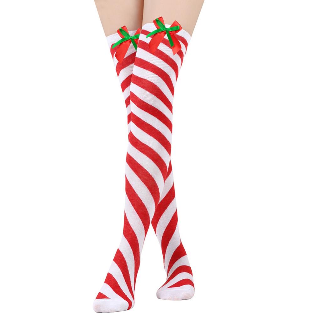 Women's Bowknot Christmas Stockings With Pom-poms Stripes Pattern Knee-high Over-the-knee Socks
