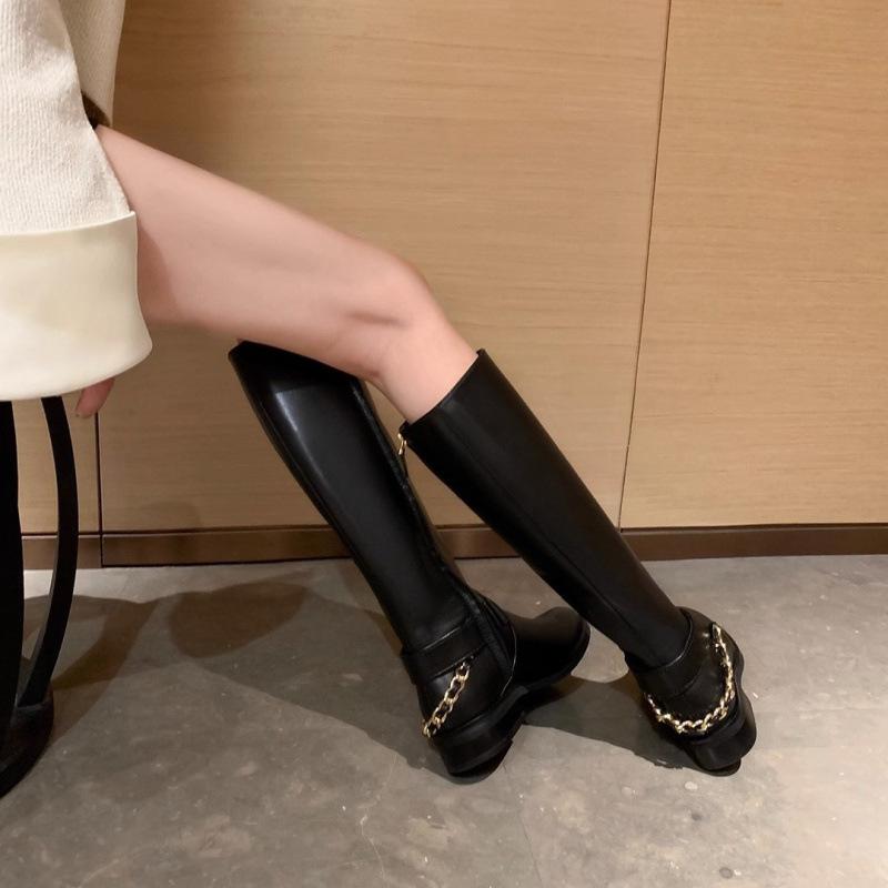 Chain Leather Coarse Heel High Boots Boots Women's Knight Boots Winter