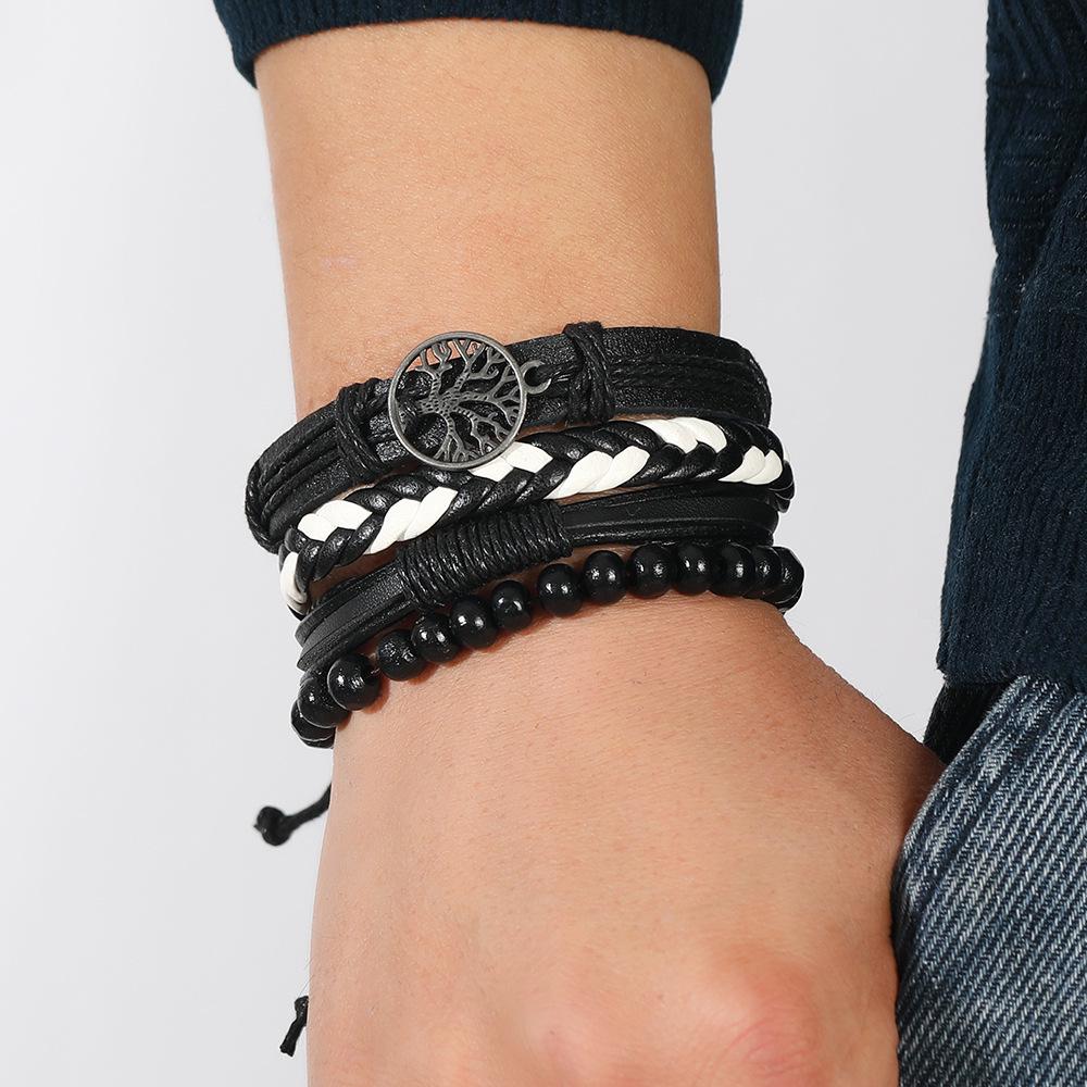 Men's Multi-Layer Tree of Life Woven Leather Bracelet Set