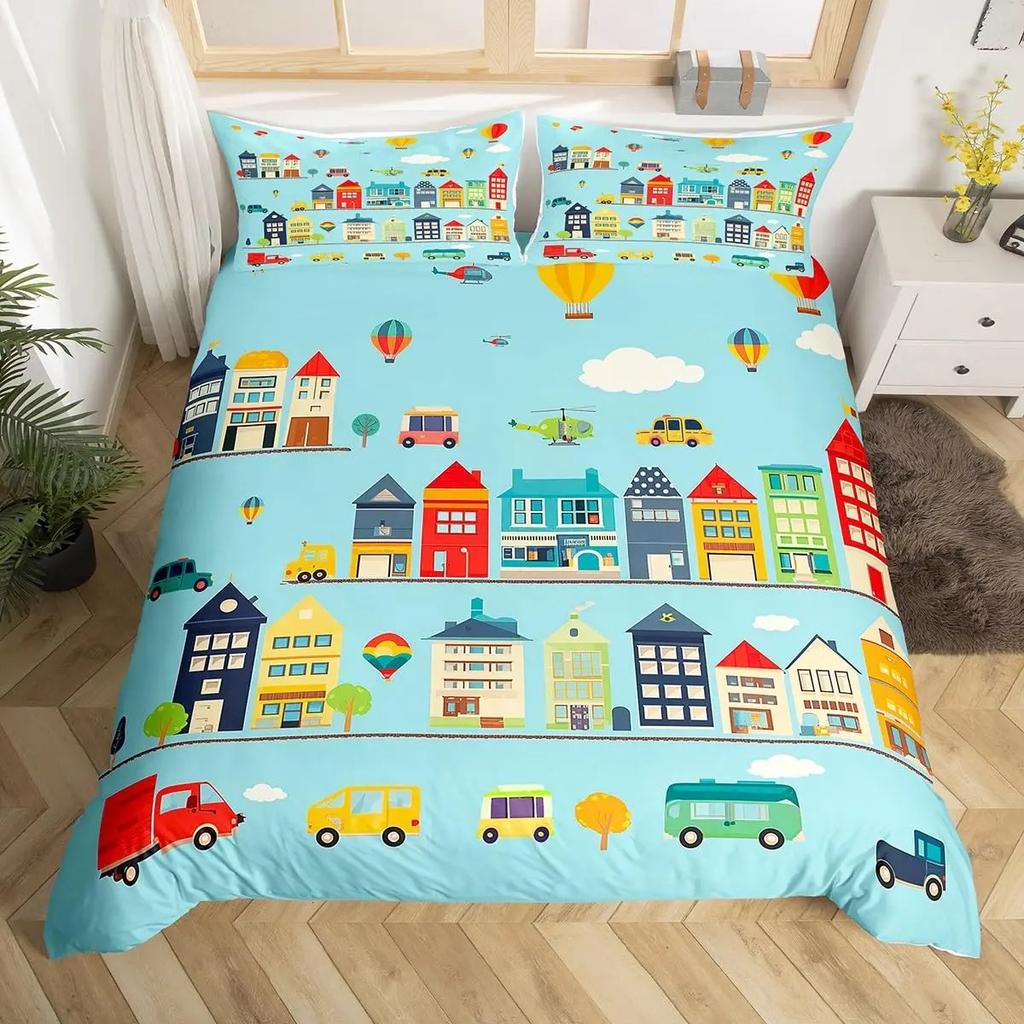 Poszewka na kołdrę z motywem samochodu z kreskówkową mapą drogową dla dzieci, zestaw pościeli dla chłopców, wystrój pokoju, geometryczne linie, poszewka na kołdrę z motywem samochodu ulicznego