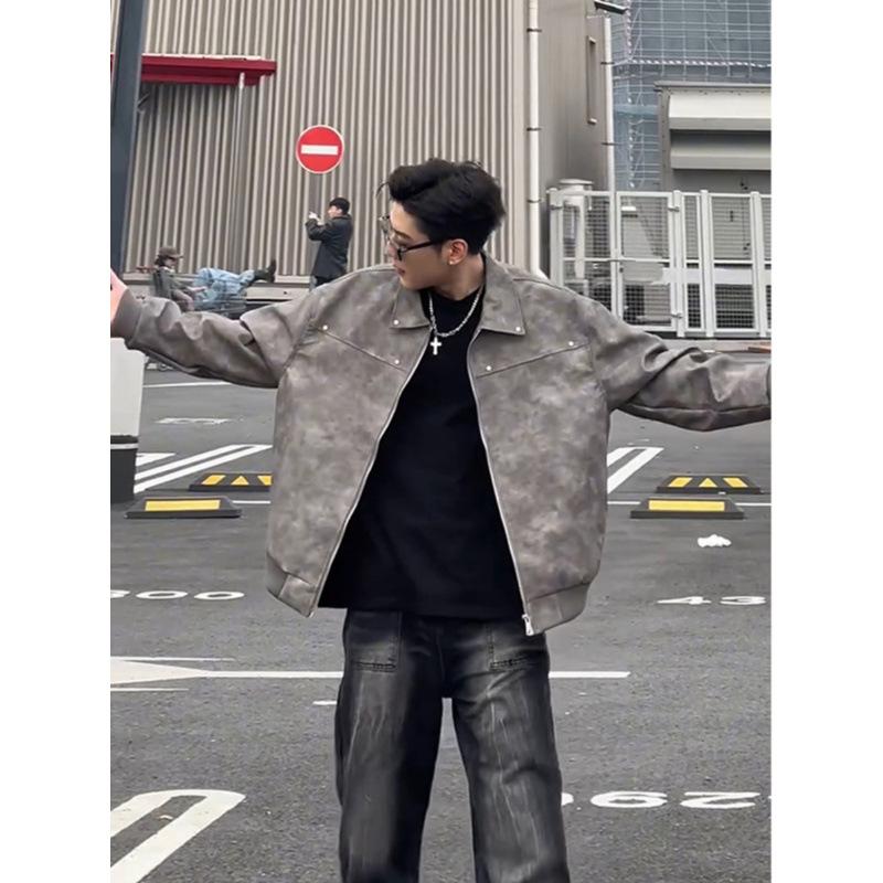 Cleanfit gray short leather jacket American ruffian handsome high-end men's vintage lapel locomotive leather jacket