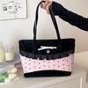 Lattice Lace Bow Shoulder Bag Rural Style Commuting Tote Bag Retro Denim Plaid Handbag  Students