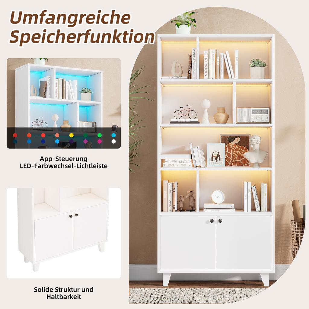 80x30x173cm Bookshelf, Solid Wood Legs, Multiple Storage Compartments, Double Doors, LED Color-Changing Ambient Light, App Control, White