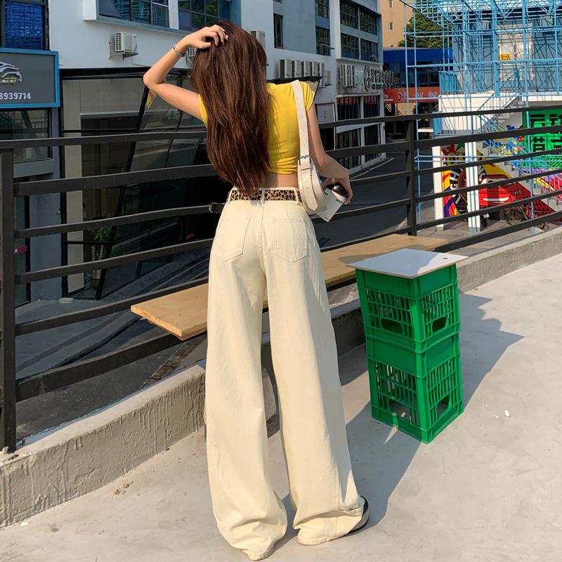 Women High Waist Straight Wide Leg Jeans Solid Color Cotton Non-Stretch Vintage Loose Denim Pants Regular & Extra Long Length For Summer Streetwear