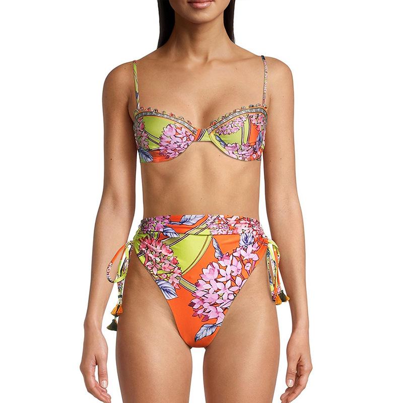 

European & American Floral Lace High Waist Tie Bikini Swimsuit L разноцветный