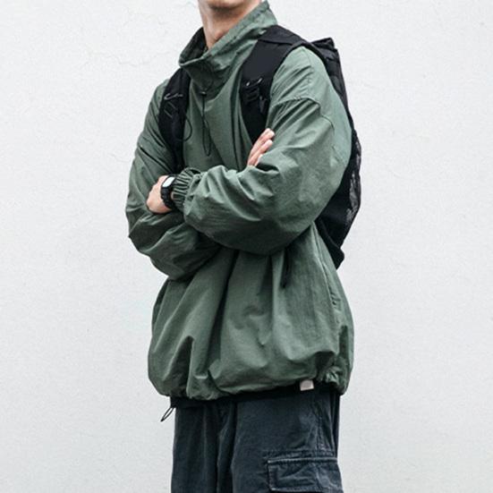 Men Jacket Solid Color Half Turtleneck Streetwear Autumn Washed Elastic Cuff Windbreaker for Daily Wear