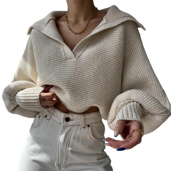 Women Knitting Tops Lapel V-Neck Long Sleeve Solid Color Sweater Loose Fit Warm Knitting Tops Knitwear