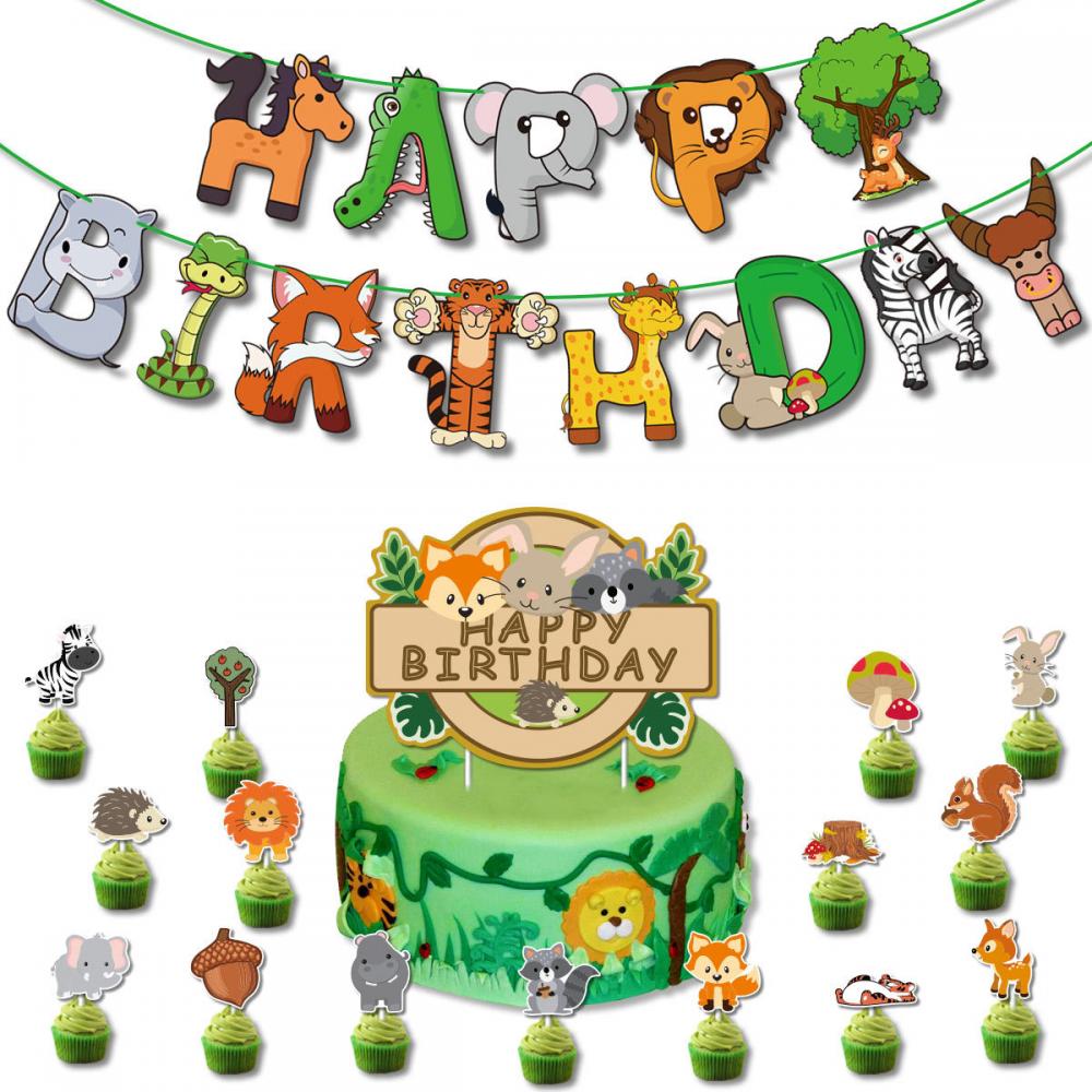 Cute Cartoon Jungle Animals Banner For Kids Birthday Party Decorations 