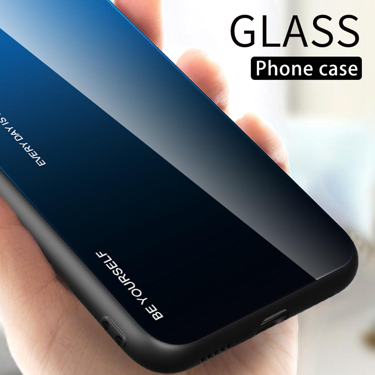 

For iPhone 14 Plus 6.7 inch Gradient Color Design Phone Case Tempered Glass+PC+TPU Anti-scratch Protector Blue/Black