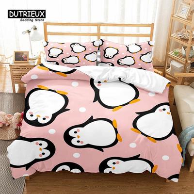 Parure de lit pingouin mignon, ensemble de housse de couette avec animaux de dessin animé, pour lit double, pour garçons et filles, décoration de chambre, housse de couette imprimée avec taies d'oreiller