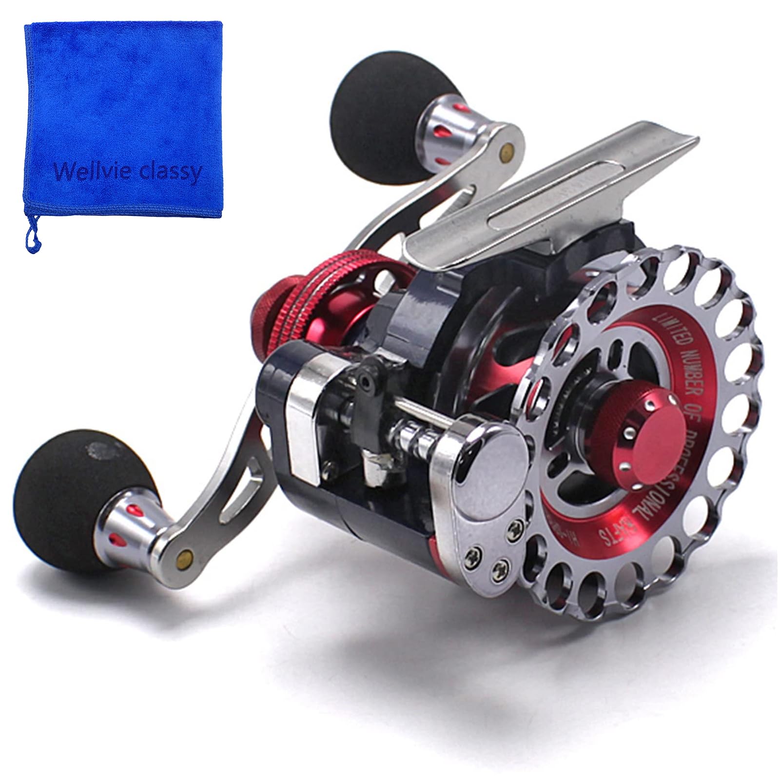 

Wellvie Classy Cage Fishing Raft Reel for Hechi Fishing, Octopus, and Squid, 2.6:1 10BB Drop-Down Single-Axis Raft Reel with Level Winder (Red)