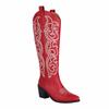 Fashion IPPEUM Cowboy Boots Red Embroider Knee High Chunky Heel Cowgirl Women Western Shoes