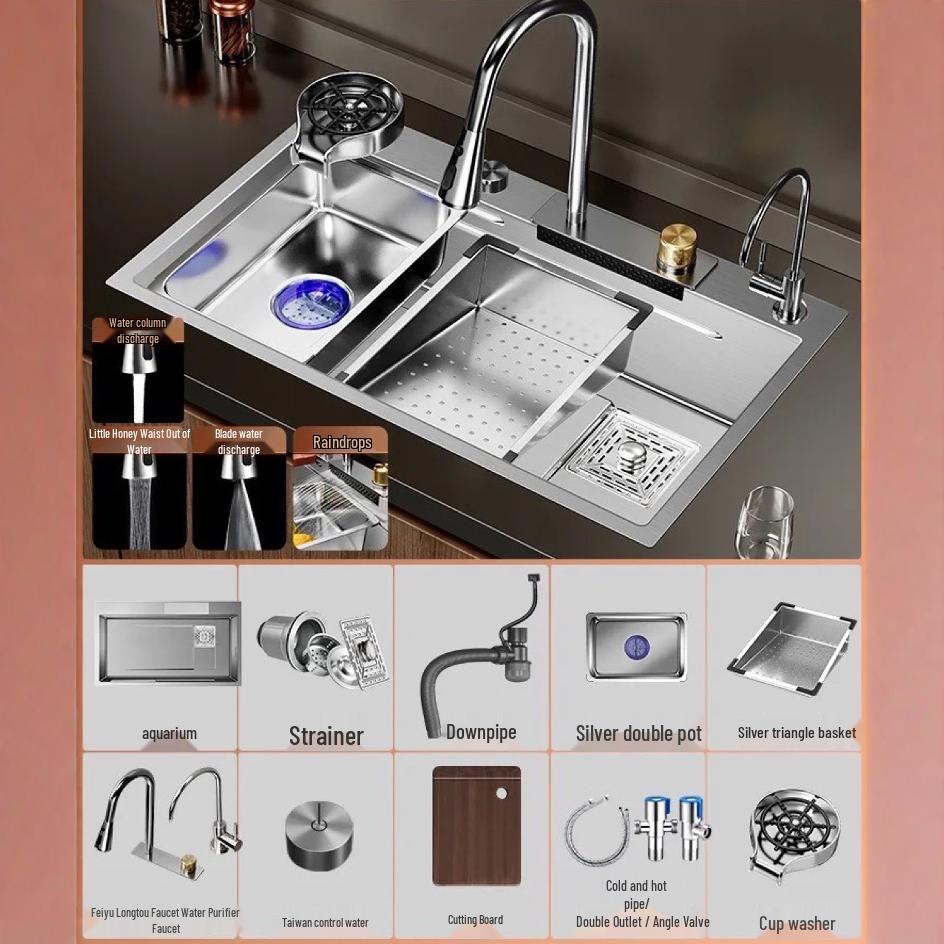 304 Stainless Steel Large Single Bowl Waterfall Kitchen Faucet & Sink for Vegetable & Dishwashing