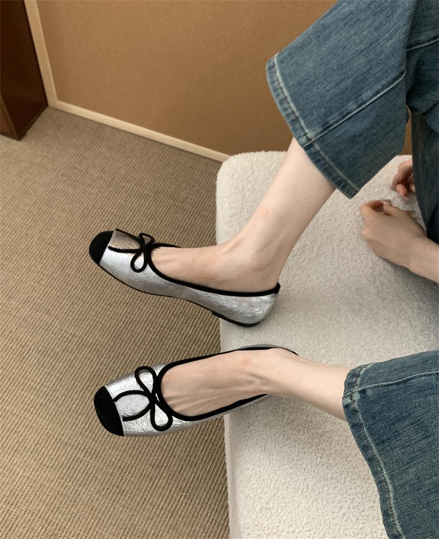 

Shallow single shoes women 2025 new Korean version bow round head gentle fairy Doudou shoes women flat bottom 39 серебряный