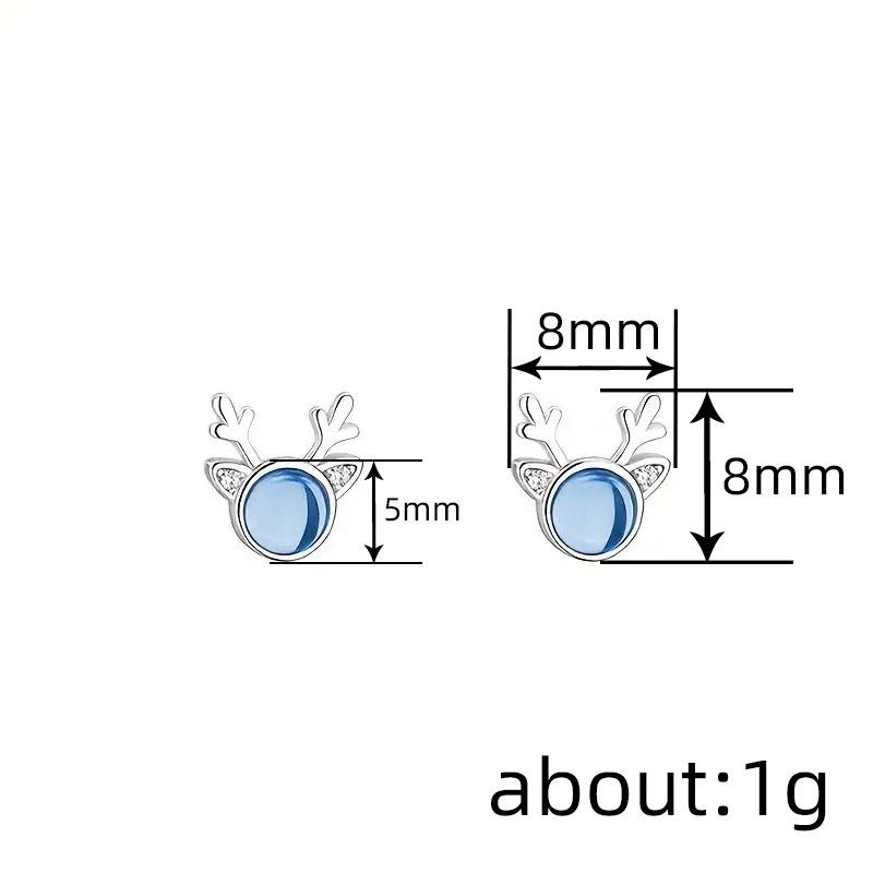 Silver Plated Blue Crystal Reindeer Stud Earrings, Cute Antler Animal Earrings for Women