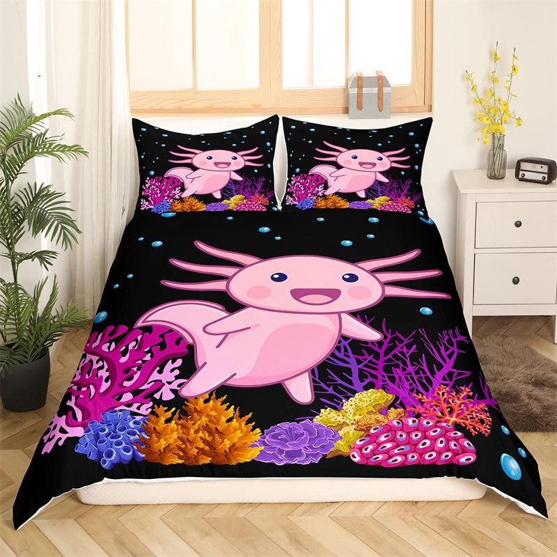 Kawaii Axolotl Duvet Cover Twin Size Underwater World Cartoon Bedding Set For Kids Boys Girls