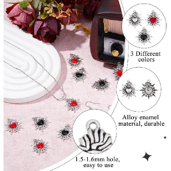 

DICOSMETIC 30Pcs Gothic Heart Charms Sacred Heart Charms Bulk 3 Styles Halloween Charm Black Red White Alloy Charms Tibetan Style Love Pendants Fancy