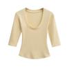 Women's Spicy Girl Deep U-Neck Sexy T-Shirt: Summer Slim-Fit, Elastic Mid-Sleeve, Pure Desire Top