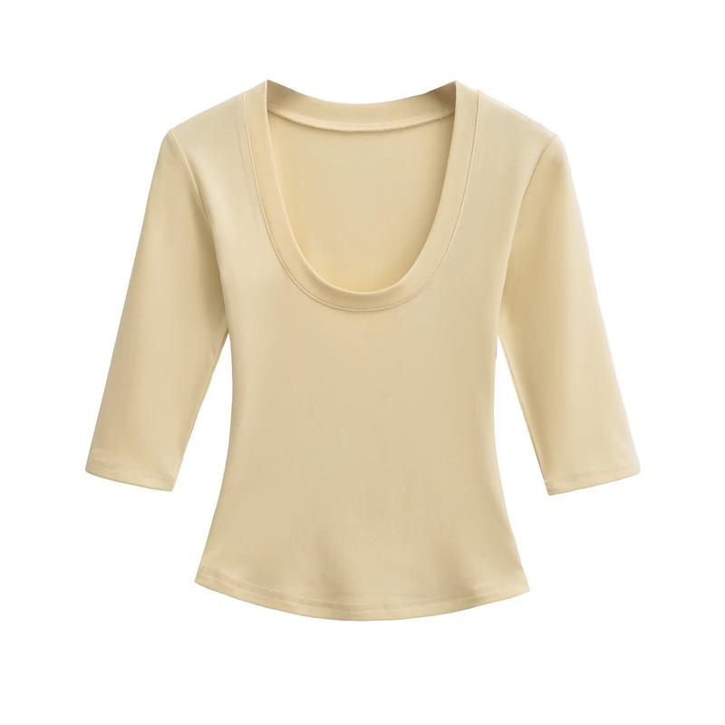 

Women s Spicy Girl Deep U-Neck Sexy T-Shirt: Summer Slim-Fit, Elastic Mid-Sleeve, Pure Desire Top Small