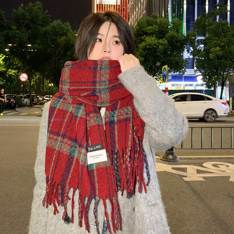 New Korean Version Plaid Scarf Women's Winter Thickened Imitation Cashmere Shawl with Warm Scarf Versatile Student