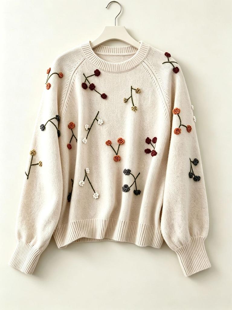 European and American Heavy Industry 3D Embroidered Knitwear for Women, New Autumn/Winter Beaded Floral Crew Neck Loose Casual Sweater