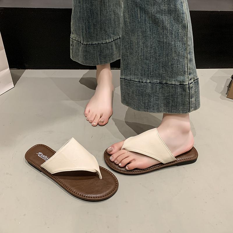 Fashion 2025 New Summer Women Low Rubber Flip Flops Shoes Fabric Rome Hoof Heels PU Low Rubber Flip-Flops Rome Shoes