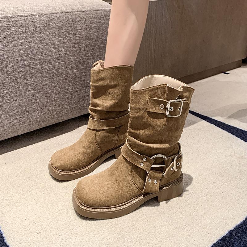 Frosted cowhide western cowboy boots women's genuine leather thick heel short boots retro square head brown high heel wasteland wind boots