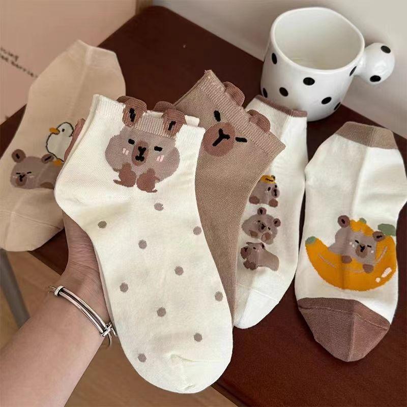 5 Pairs Cute Capybara Women'S Knee-Length Socks, Cartoon Knit Fabric, Summer Thin Low Cut Japanese Style Socks,