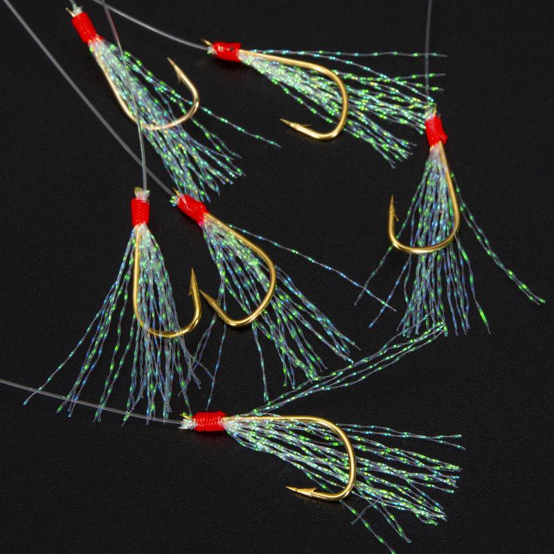 In-Stock Hand-Tied Sabiki Rigs: 6-Barbed Rainbow Silk Golden Hook Lures
