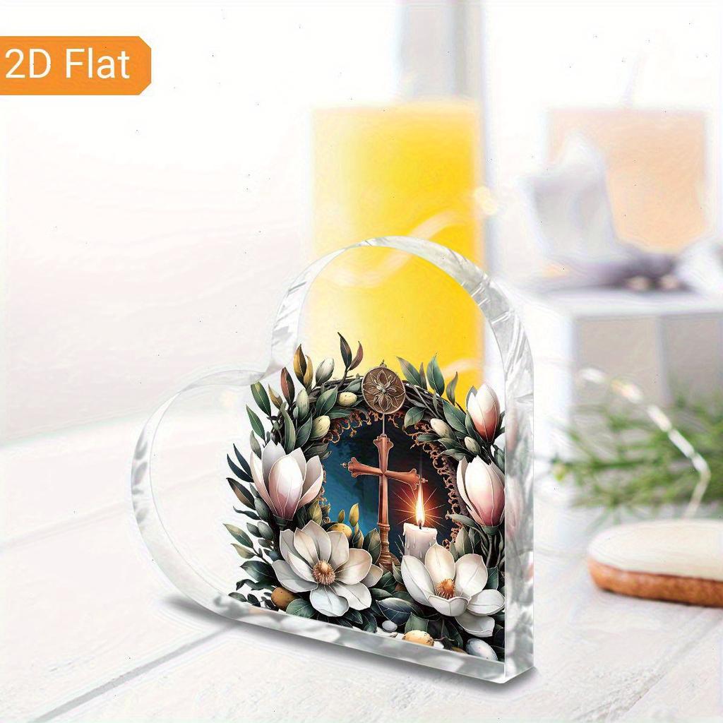 1pc Heart Shaped Acrylic Ornament - Art Deco Style Easter Magnolia & Cross Design, Inspirational Christian Desk Decor for Home & Office