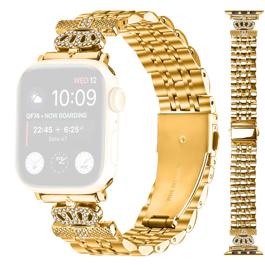 Watch Band For Apple Watch Series 10 9 8 7 SE 6 5 4 3 2 1 42mm 41mm 40mm 38mm 7-Bead Rhinestone Crown Stainless Steel Strap