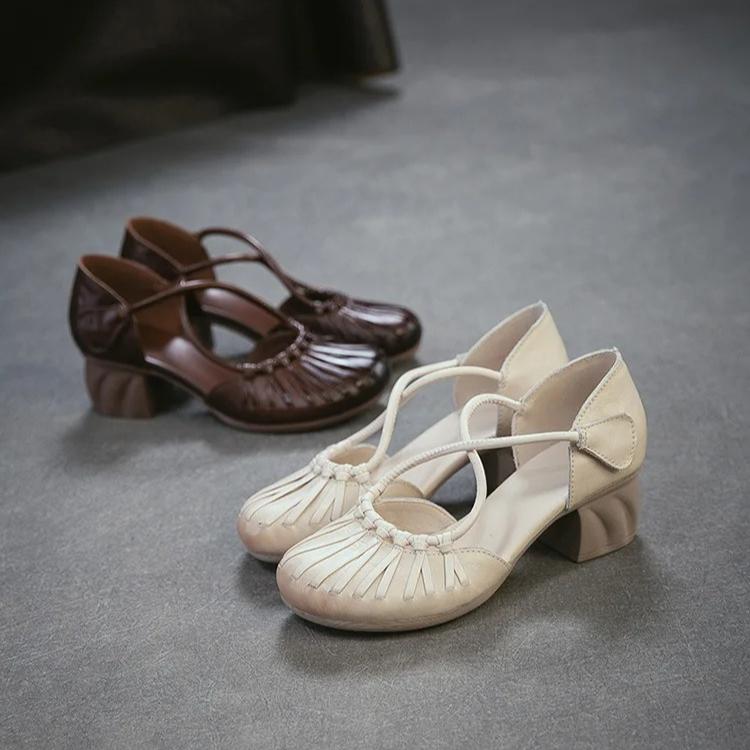 Johnature Genuine Leather French Cross Belt High Heel Sandals Fashionable Versatile Coarse Heel Women's Shoes