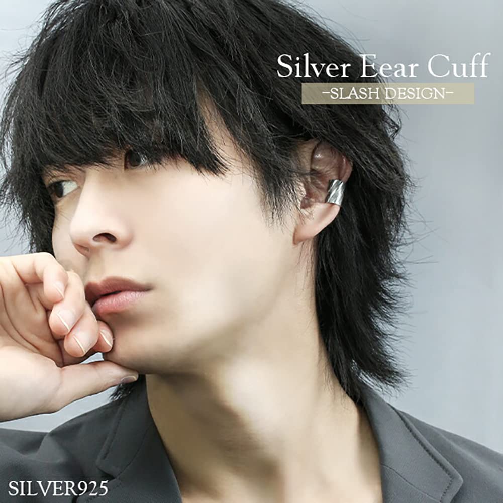 Shinjuku Gin no Kura Vertical Slash Design Silver Ear Cuff (Single Ear) - 925 Sterling Silver, Non-Pierced Earrings, Ear Clip, Simple Stripe Design