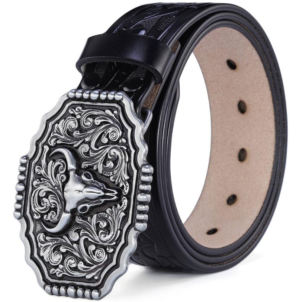 Engraved Texas Bull Buckle Belt Luxury Design Ox Head Waistband Retro Waist Strap for Men 120cm-C