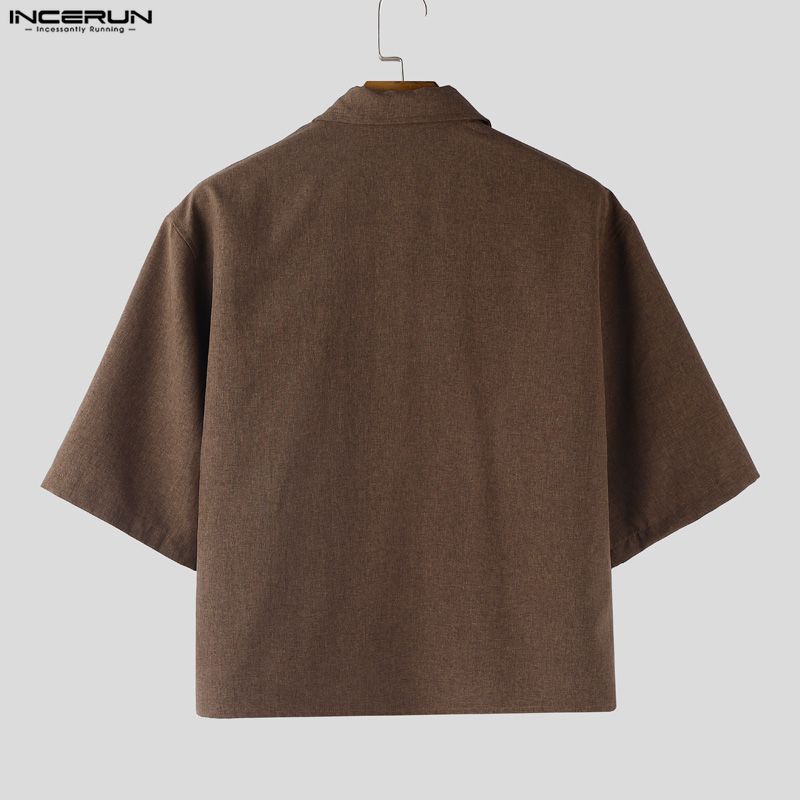 INCERUN Oversized Men Lapel Neck Short Sleeve Loose Casual Shirts