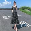 Summer 2025 Petite Black Floral Square Neck Dress - Slimming and High-End Fashion