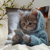 1pc of an Adorable Grey Tabby Cat Pillow Cover Measuring 18X18 Inches (45X45Cm), Featuring a Fluffy Cat in a Blue Sweater And Holding a Smartphone. It