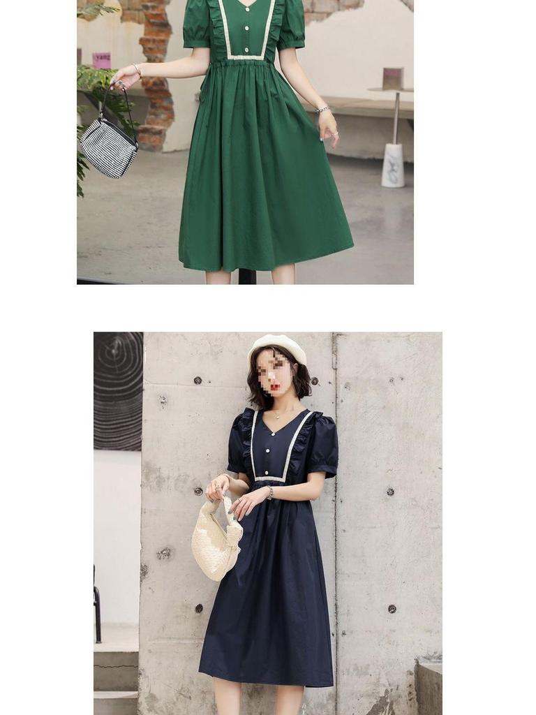 Forest-Style Puff Sleeve A-Line Dress: Summer French Waist-Cinching Mid-Length Skirt with Contrasting Colors