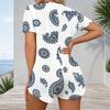 Women Plus Size Printed V Neck Short Sleeve Button Front Romper White Green Orange