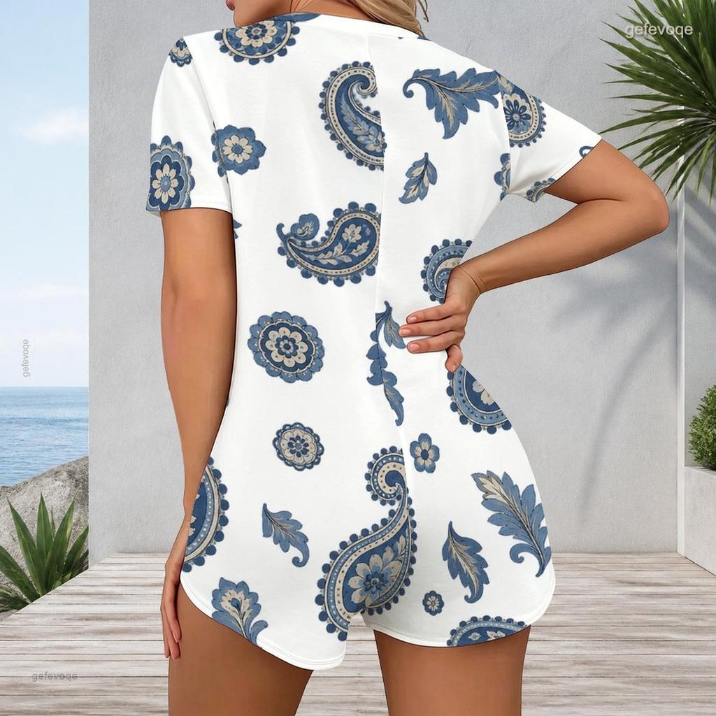 Women Plus Size Printed V Neck Short Sleeve Button Front Romper White Green Orange
