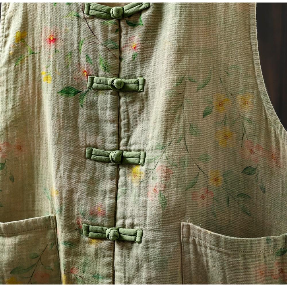 Johnature Damskie Vintage Drukowane Kwiatowe Płaszcze Guziki Zimowe Kieszenie Chiński Styl Damskie Luźne Bezrękawniki