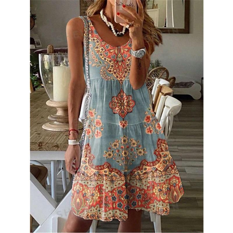 Printed Sleeveless V-neck Vest Skirt Fashion Vacation Printed Dress Women